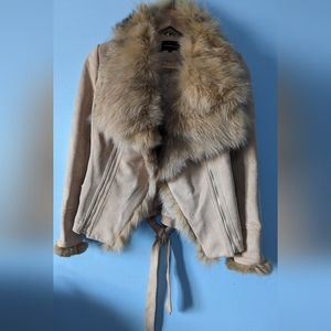 Like New  Fox fur collar Suede Jacket. Motto style. Unique Style